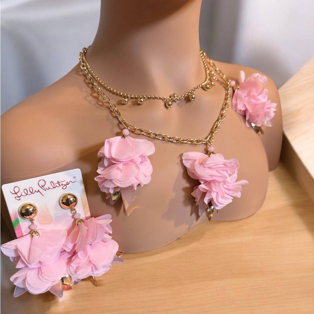 Lilly Pulitzer Gold Necklace with Pink Floral Accents